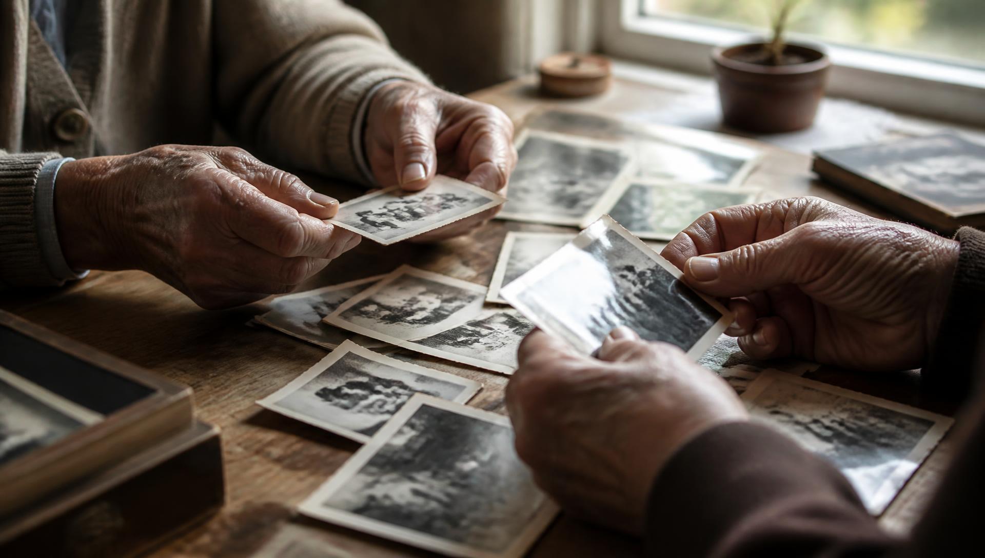 Family hands sorting old printed photographs on a table